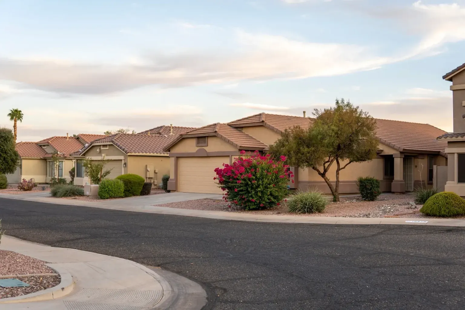 buyer step 04 street Quiet residential street of single-story homes at sunset