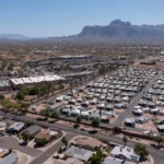 Aerial view of Apache Junction neighborhoods below the Superstition Mountains
