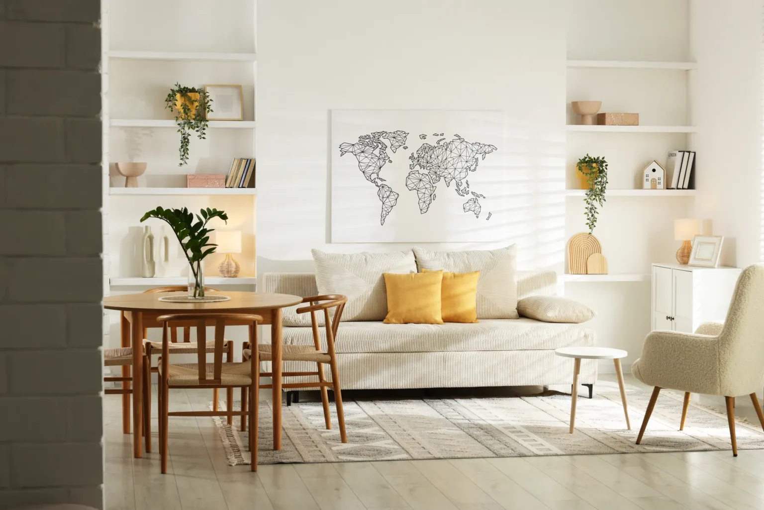 seller step 02 living room Bright living and dining room with open shelving